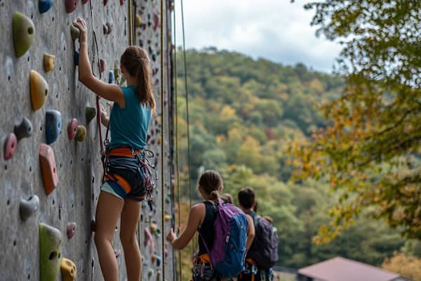 Ein Mädchen beim Klettern an einer Kletterwand