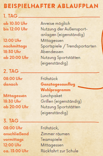 Beispielprogramm der Sport- und Aktivtage Klassenfahrt in Werdau